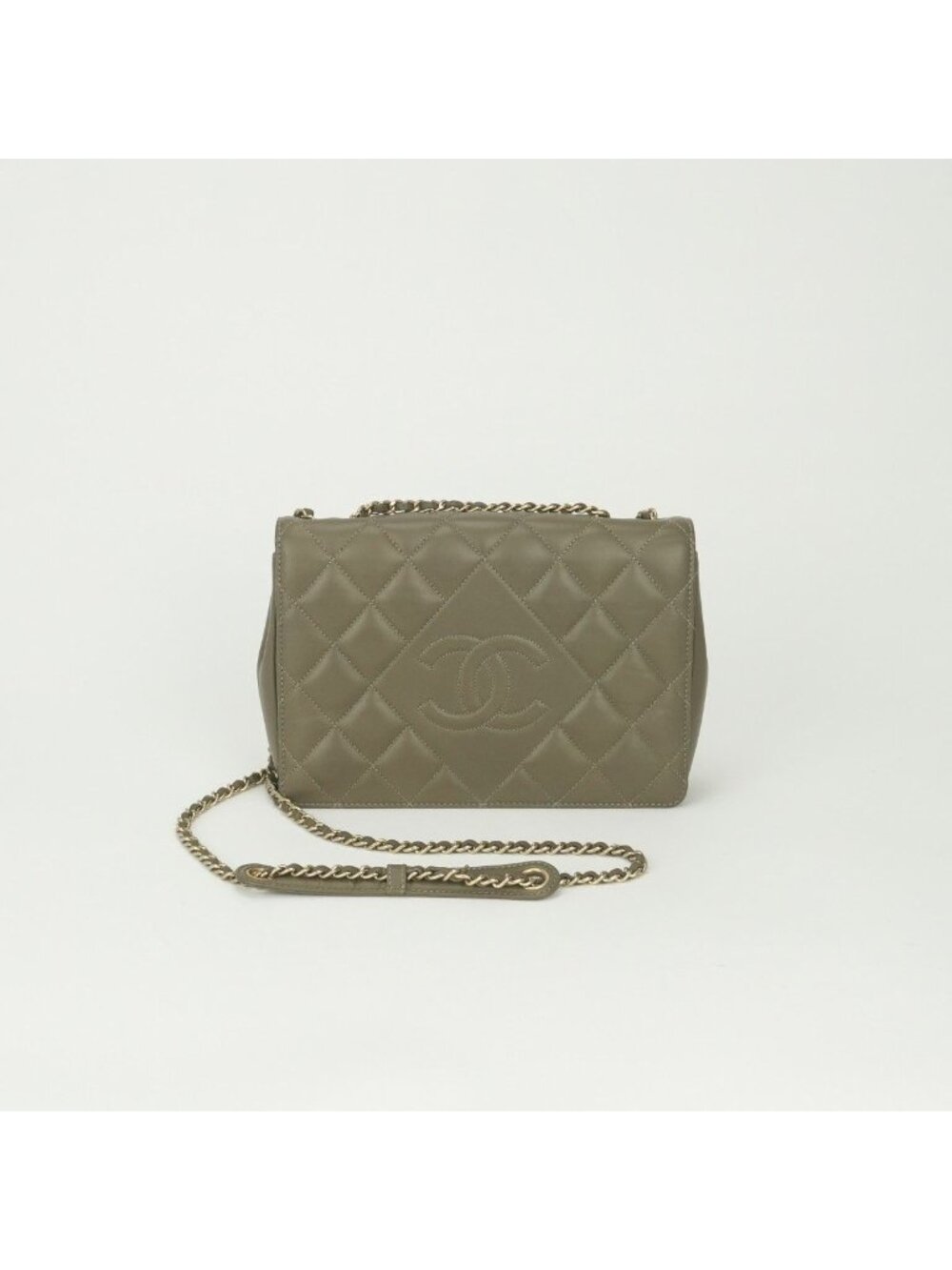 Chanel Quilted Shoulder Bag Lambskin Khaki Green Gold Chain CC Logo Single Flap